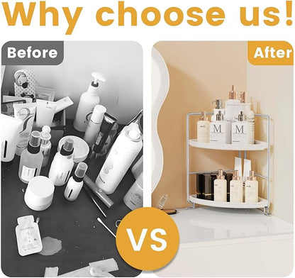 JANUS LiANG 2-Tier Corner Bathroom Countertop Organizer, Tiny Counter Corner Shelf Skincare Makeup Perfume Organizer and Organization for Kitchen (White)