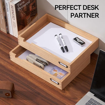 KIRIGEN Wood Desk Organizer Set of 2 Stackable Paper Tray Desktop Document Storage Wooden Letter Trays 2TTP-NA