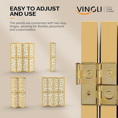 VINGLI 70'' H Room Divider, Non-Woven Fabric Privacy Screen, Indoor Partition Wall Dividers, Freestanding Hinged Space Separator with Modern Unique Pattern (Gold, 4 Panel)