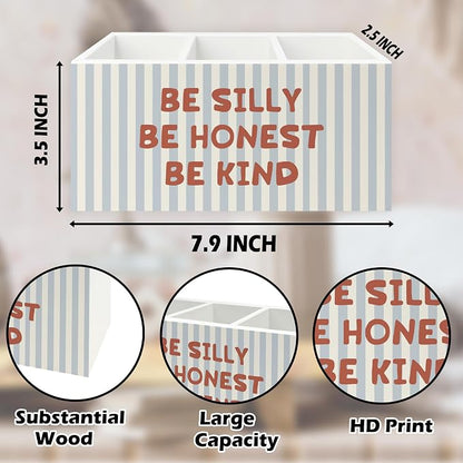 Inspirational Pen Pencil Holder Organizer for Desk, Be Silly Honest Kind Motivational Blue Striped Wooden Box Signs Decorations for Kids Nursery Room Bedroom Desk Tabletop, Inspirational Gifts