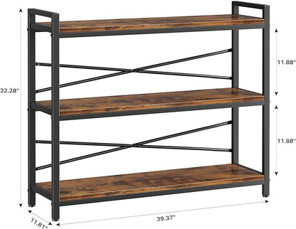 3 Tier Bookshelf 39.37" Width, Long Industrial Bookcase, Vintage Farmhouse Modern Wooden Big Book Shelf for Home Living Room Bedroom Office Storage(Rustic Brown)