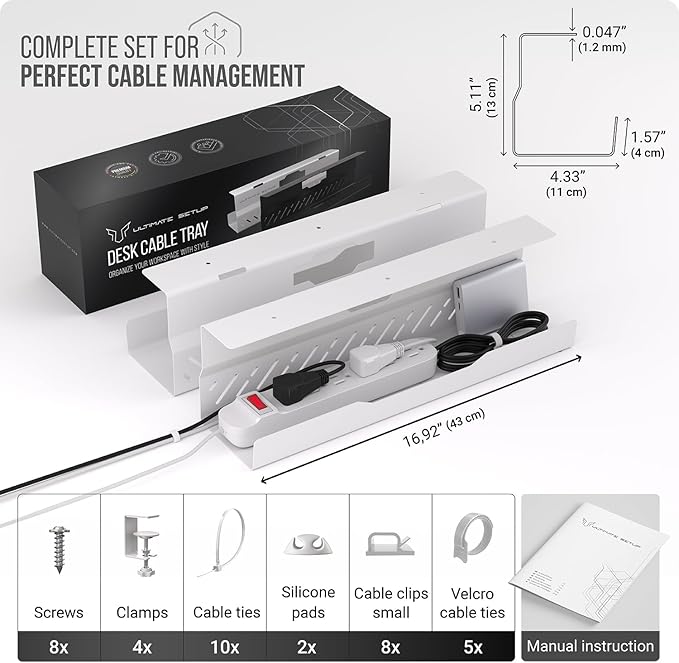 Under Desk Cable Management Tray no Drill – Wire Management - Cord Organizer – Huge Load Capacity – Under Desk Cable Tray no Drill (White, 2 Pieces Set)