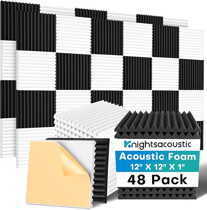 48 Pack Sound Proof Foam Panels for Walls with Self Adhesive, 12x12x1 Acoustic Foam Panels, High Density Acoustic Panels Sound Absorbing, Fire Resistant Studio Sound Proofing Black White