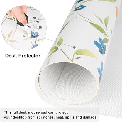 QIYI Floral Mouse Pad, Large Desk Mat for Desktop, Women Girls Watercolor Flowers Office Décor Desk Accessories, PU Leather Waterproof Gaming Mousepad, Wildflowers Desk Pad Computer Mat, 31.5" x 11.8"