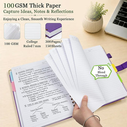 Hardcover Spiral Notebook 8''x 10'' College Ruled Notebook with Magnetic Closure, 300 Pages 5 Subject Notebooks with Pocket Dividers for Work School, B5 Leather Journal for Women, Men (Purple)
