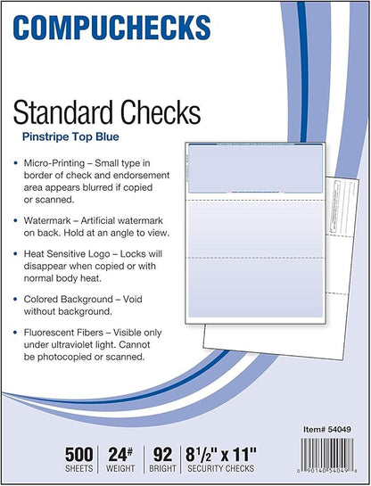 Business Voucher Check Stock - 500 Sheets, Check on Top, Blue Pinstripe