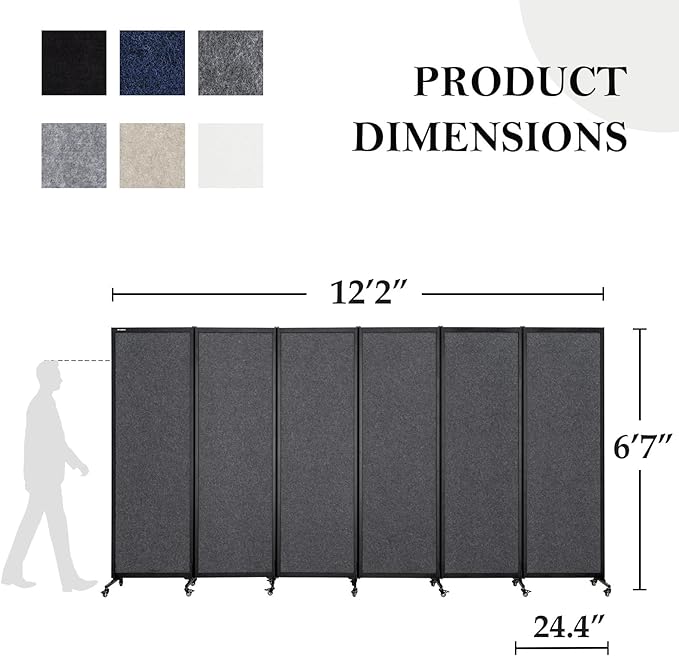 Upgrade Version Room Partition and Divider, Freestanding Rolling Dividers with Wheels,Office Privacy Screen Divider Wall,Classroom Felt Dividers,12'2"L* 6'7"H,6 Panel，Dark Grey