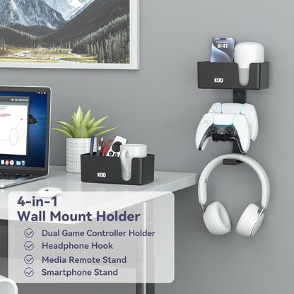 KDD 4-in-1 Wall Mount Controller Holder - Dual Game Controller and Headphone Hanger with Anti-Slip Pads for Xbox ONE/X Series/PS5/PS4 - Detachable Desk Storage for Media Remote, Phone and Speaker