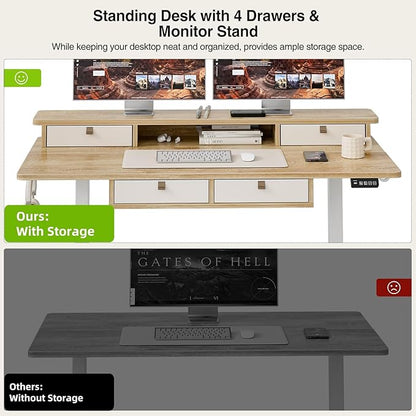 Grandder 47 Inch Electric Standing Desk with Four Drawers, Sit to Stand Up, Height Adjustable Desk with Storage Shelf for Home Office, Study, Ergonomic Adjustable Computer Desk, Oak