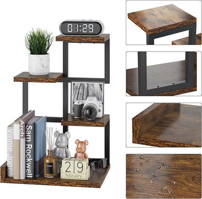 YMYNY Desktop Shelf Organizer, 4 Tier Storage Display Rack, Desk Shelf Organizer Small Bookshelf with Metal Frame for Office, Books, Plants, 12.2" x 9.45" x 17.52", Rustic Brown Black UHSR007H