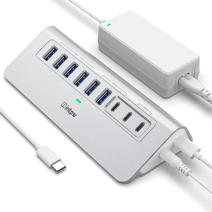 Powered USB Hub 10Gbps, intpw 9-Port USB 3.2 Hub, USB C Hub with USB A/USB C 3.2, 4 USB 3.0, 2 PD 45W Charging Ports, 65W Power Adapter and 3.3FT Cable, Aluminum USB Hub for Laptop, iPhone 17/16/15，PC