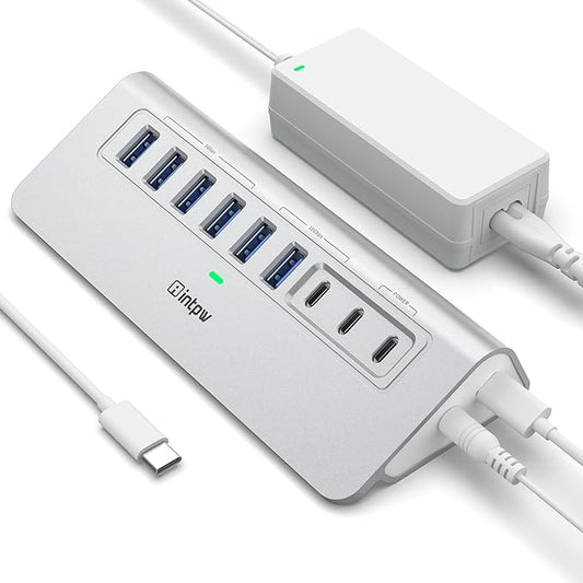 Powered USB Hub 10Gbps, intpw 9-Port USB 3.2 Hub, USB C Hub with USB A/USB C 3.2, 4 USB 3.0, 2 PD 45W Charging Ports, 65W Power Adapter and 3.3FT Cable, Aluminum USB Hub for Laptop, iPhone 17/16/15，PC