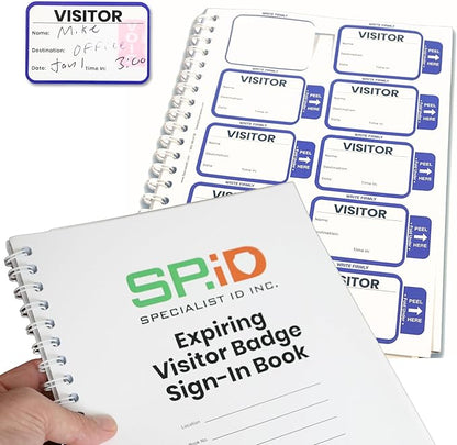 Specialist ID Visitor Log Book for Business or Schools - Expiring Visitor Sticker Badges and Sign in Book with Carbon Copy Record Keeping for Guest Tracking - Spiral Binder Registry (500 Badges)