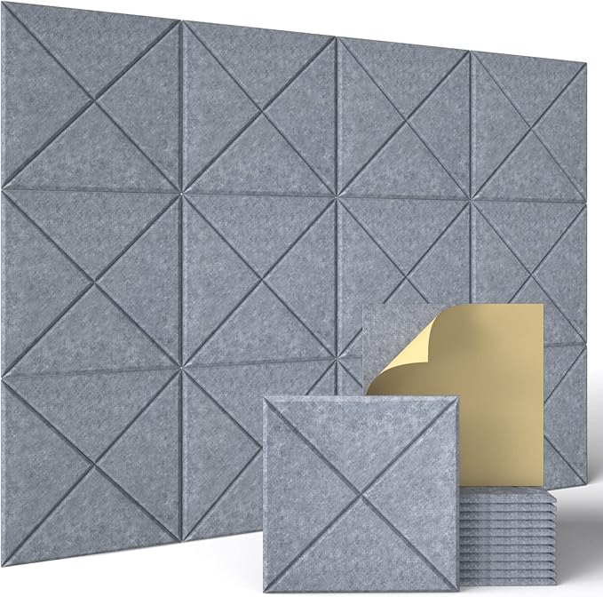 Sonicism 12 Pack X-Lined Acoustic Panels with Self-Adhesive, 12"X 12"X 0.4" Sound Proof Foam Panels, Decorative Soundproof Wall Panels, Sound Absorbing Tile for Home & Offices, Gray