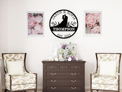Wedding Couple Sign Metal, Personalized with Silhouette Names and Year, Rustic Iron Wall Art for Newlyweds, Wedding Anniversary Christmas Gift Idea