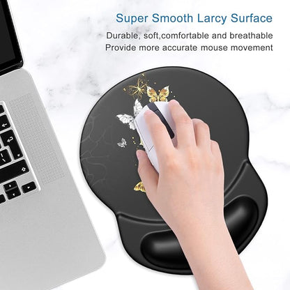 ITNRSIIET Ergonomic Mouse Pad with Gel Wrist Support Small Wrist Rest Smooth Surface Non-Slip PU Base Comfortable Office Supplies Pain Relief, 8.7 x 7.2 inches, Golden Butterfly