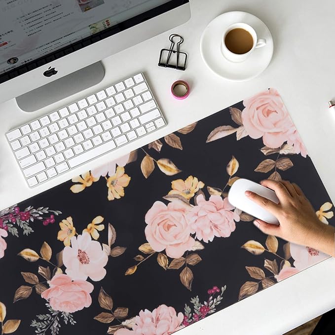 iCasso Extended Gaming Mouse Pad, Large Non-Slip Rubber Base Mousepad with Stitched Edges, Waterproof Keyboard Mouse Mat Desk Pad for Work, Game, Office, Home - Peony