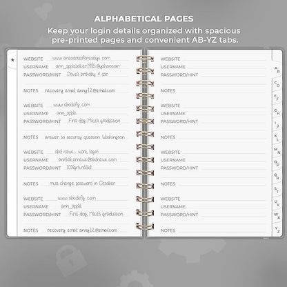 Clever Fox Password Book Spiral – Internet Address & Password Organizer with Laminated Alphabetical Tabs – Password Keeper Journal – Hardcover, Medium Size, 6.1x7.7” (Gray)