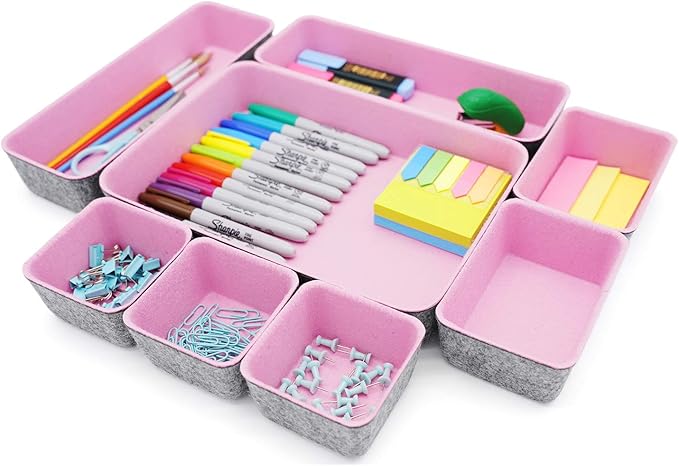 Welaxy desk drawer organizers tray felt storage bin caddy for home office suppliers makeup crafts pens decluttering 8-piece holiday gift solution (Light pink)
