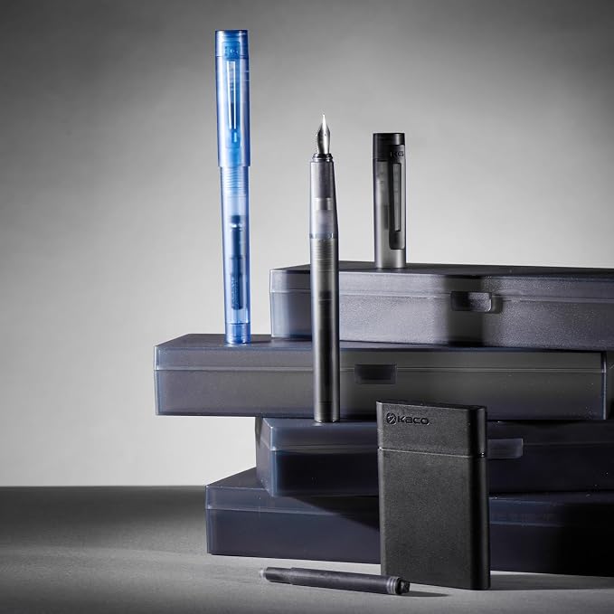 Kaco SKY Fountain Pen with Extra 8 Ink Cartridges, Black Ink Pen with Medium Nib and Ink Converter, Blue