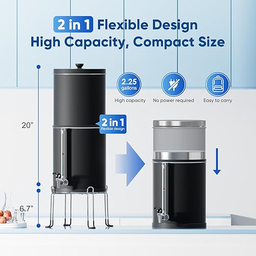 Purewell 3-Stage 0.01μm Ultra-Filtration Gravity Water Filter System, 304 Stainless Steel Countertop System with 2 Filters, Metal Water Level Spigot and Stand, Reduce 99% Chlorine, 2.25G, PW-OB-K