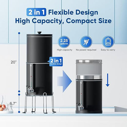 Purewell 3-Stage 0.01μm Ultra-Filtration Gravity Water Filter System, 304 Stainless Steel Countertop System with 2 Filters, Metal Water Level Spigot and Stand, Reduce 99% Chlorine, 2.25G, PW-OB-K