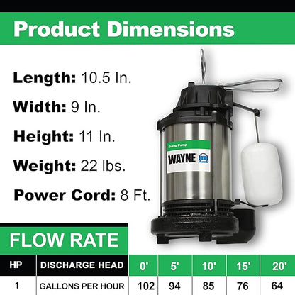 WAYNE CDU1000 1 HP Submersible Sump Pump – Cast Iron & Stainless Steel, Integrated Vertical Float Switch, 6,100 GPH, 5-Year Warranty, Assembled in USA