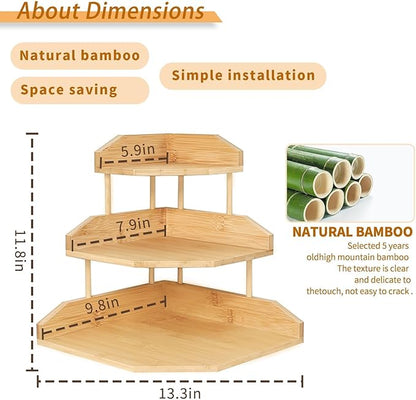 HYNAWIN Bamboo Corner Desk Organizer Shelf, 3-Tier Triangle Storage Rack for Office & Home, Space-Saving Desktop Shelf for Books, Stationery, Makeup, Small Items