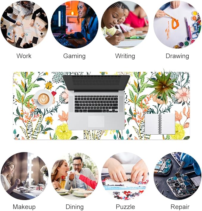 QIYI Floral Large Mouse Pad, Colorful Desk Mat for Desktop, Women Girls Desk Accessories Office Décor, PU Leather Waterproof Big Gaming Mousepad, Blooming Flowers Desk Pad Computer Mat, 31.5" x 11.8"