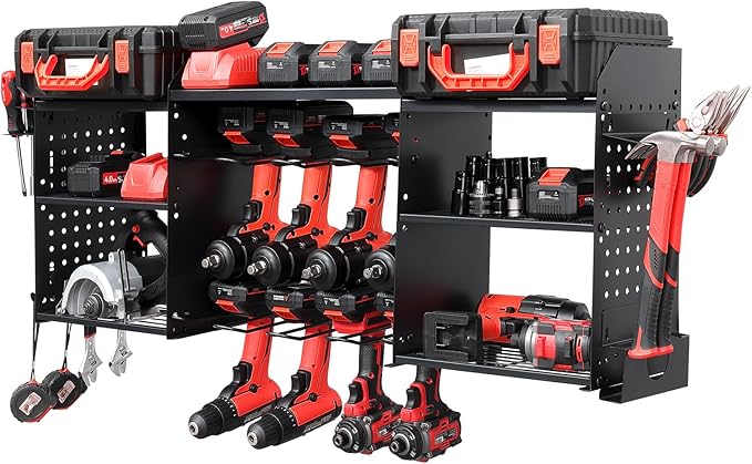 ERVNYNT 3 layers power tool organizer Loads 150lbs with 8 Cordless Drill Holder and 8 Outlet Power Strip,it’s good choice for husband birthday gift,black