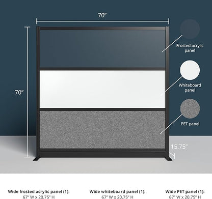 Stand Up Desk Store Workflow Modular Wall | 70'' x 70'' Wall | Expandable Partition Room Divider with Rearrangeable Frosted Acrylic, Sound Absorbent and Whiteboard Wide Panels (Black Frame)