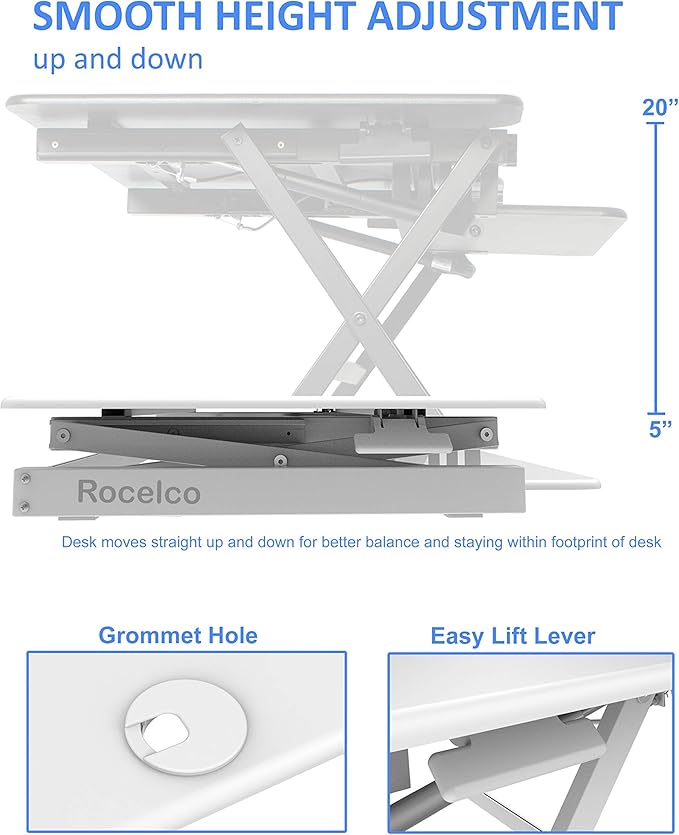 Rocelco 46" Large Height Adjustable Standing Desk Converter with Anti Fatigue Mat BUNDLE - Quick Sit Stand Up Triple Monitor Riser - Retractable Keyboard Tray - White (R DADRW-46-MAFM)