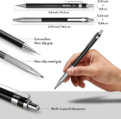 Nicpro 33PCS Black Metal Mechanical Pencil Set in Leather Case, Art Drafting Pencil 0.3, 0.5, 0.7, 0.9 mm, 2mm Lead Holders for Sketching Drawing With 18 Tube (6B 4B 2B HB 2H 4H Colors) Lead Refills
