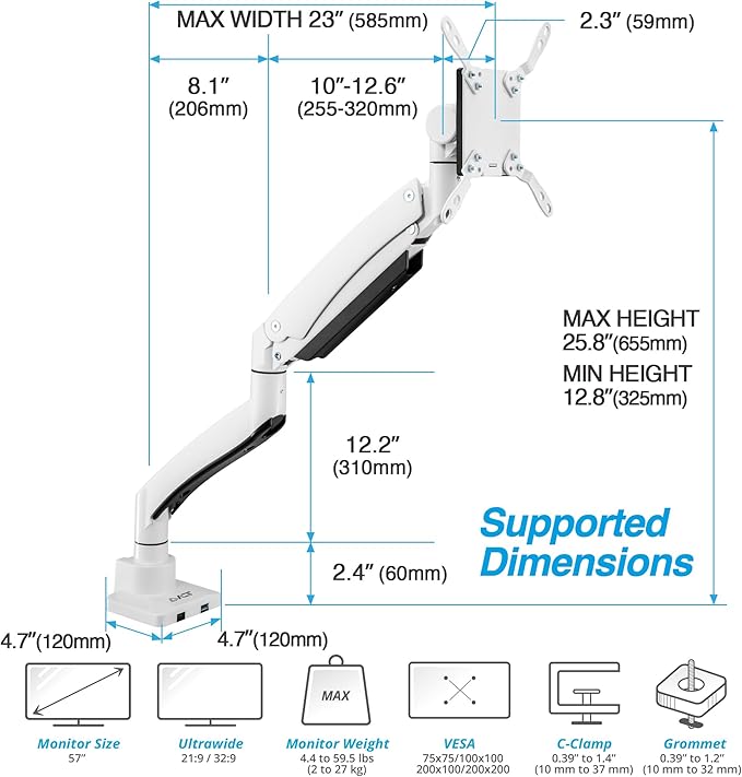 AVLT Single 17"-57" Super Ultrawide Monitor Arm for Screens Up to 59.5 lbs, Premium Aluminum Desk Stand, Adjustable Pneumatic Height, Full Motion Swivel Tilt Rotation, USB-C & USB-A Ports, White