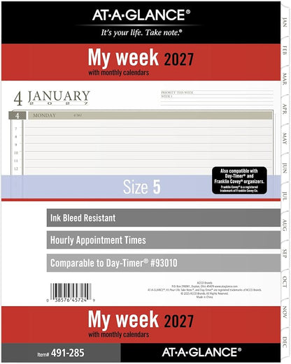 AT-A-GLANCE 2027 Planner Refill, Weekly, 8.5" x 11", Folio Size 5, Tabbed, 7-Ring Loose-Leaf (491-285-27)