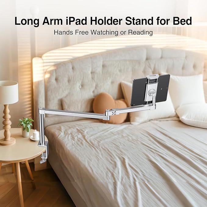 elitehood 28-inch Long Arm iPad Mount for Desk, Adjustable Tablet Desk Mount with Clamp, Sliver Aluminum Tablet Holder Compatible with iPad Pro 13/12.9/11, Air Mini, 4.7-13 inch Tablets & Cell Phones