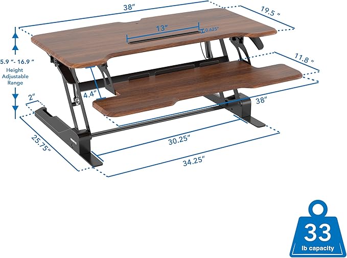 Mount-It! 38 Inch Standing Desk Converter, Sit Stand Desk Riser for Dual Monitors with Keyboard Tray, Height Adjustable Desktop Workstation, Easy Lift Gas Spring, Rustic Walnut Brown