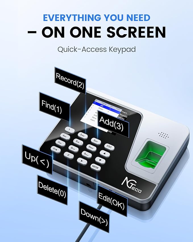 NGTeco Fingerprint & PIN Biometric Time Clock, Standalone Punch Machine for Employees Small Business, No WiFi/Software Required, No Monthly Fees