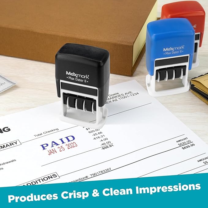 MaxMark Self-Inking Rubber Date Office Stamp with Entered Phrase Blue Ink & Date RED Ink (Max Dater II), 12-Year Band