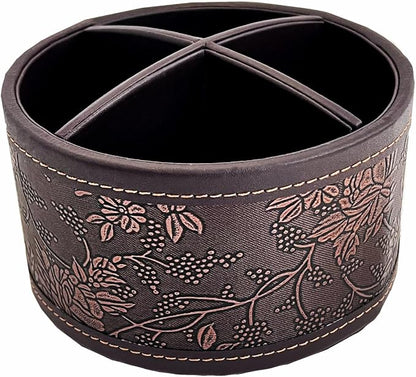 PU Leather Round TV Remote Control Holder for Table,360° Swivel Office Supply Desktop Organizer,4 Compartments Phone/Pen/Pencil Holder,Suitable for Stationery/Heater Controllers Etc (Antique)