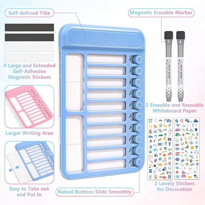 Audab 2Pcs Dry Erase Chore Chart for Kids, Magnetic Checklist Board, My Chores Slider Chart to Do List Board, Routine Chart Schedule Board Task Tracker for Home Refrigerator, Wall, Desk (Blue & Pink)