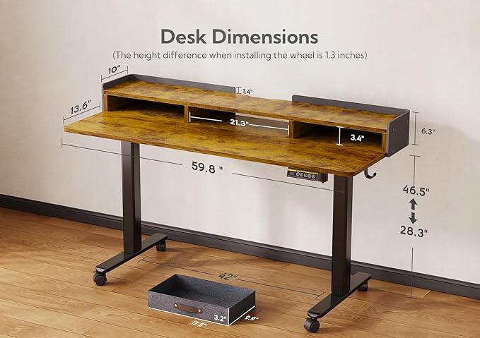 Claiks Standing Desk with Drawers, Adjustable Stand Up Electric Standing Desk Adjustable Height with Storage Shelf and Splice Board, 59 Inch, Rustic Brown