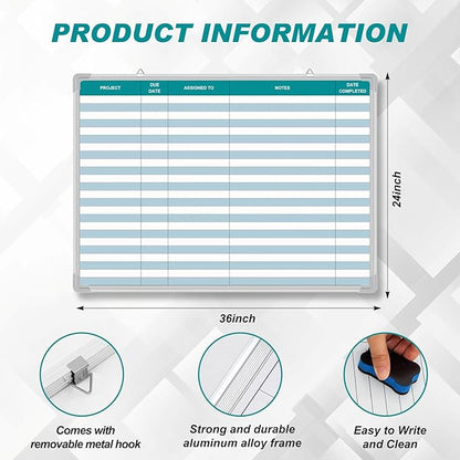 Lined Whiteboard Blank Grid Aluminum Frame Dry Erase Board Reusable Wall Mounted Board for Scheduling, to Do Lists Weekly Planning Home Work(36 x 24 Inch,Colorful Project Planning)