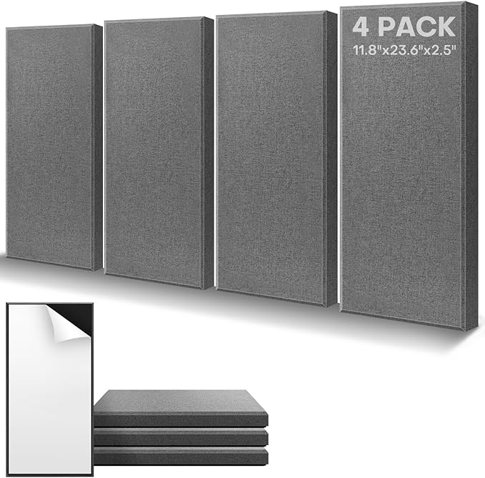4Pack Fiberglass Acoustic Panels, Self Adhesive Sound Proof Foam Panels for Walls, Sound Dampening Panels for Studios, Office, Home Theater Soundproofing Absorbing Noise Reducing, 23.6x11.8x2.5" Grey