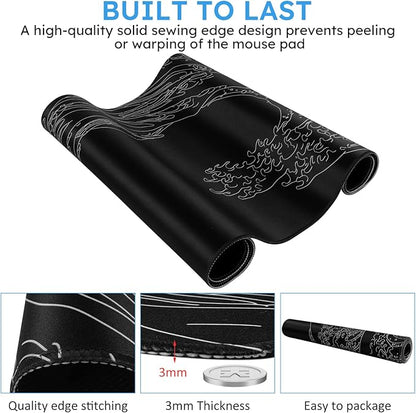 iCasso Mousepad, Gaming Mouse Pad, XXL Large Desk Mat, Big Rubber Base Mouse Mat with Stitched Edges, Computer Keyboard Desk Pad for Work, Game, Office, Home - Black Wave of Kanagawa