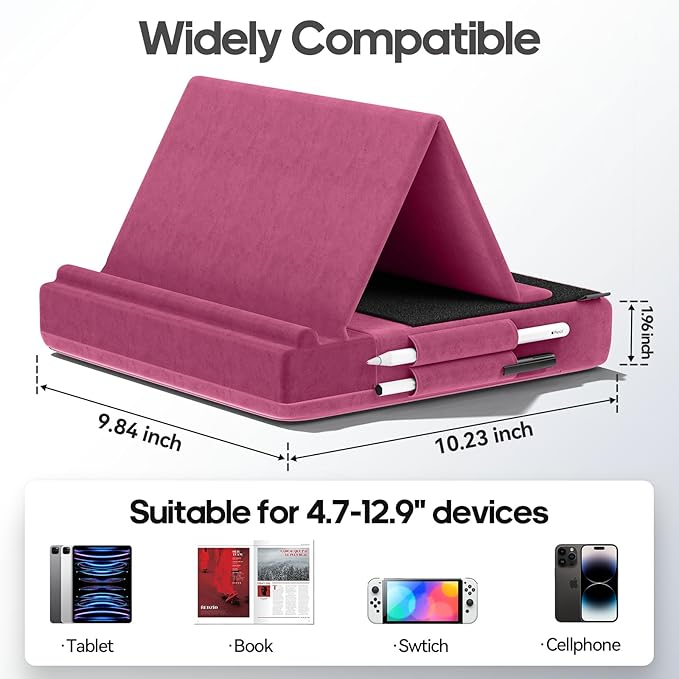 KDD Tablet Pillow Stand, Multi-Angle Viewing Ipad Holder for Lap, Bed and Desk, Foldable Soft Pad Dock with Stylus Mount Compatible with Ipad Pro 12.9, 10.5, 11, Air, Mini, Phones, Books, E-Reader