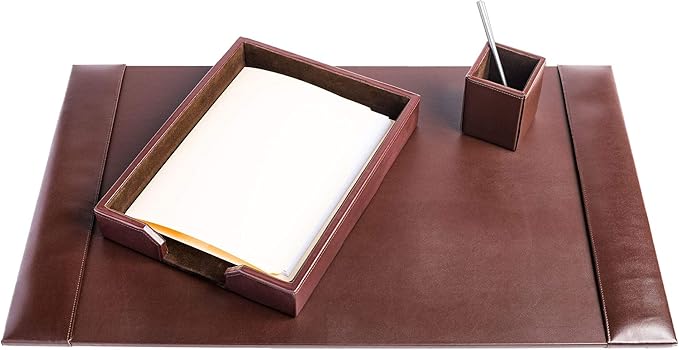 Dacasso Bonded Set Luxury Leather Desk Pad & Desk Organization Essentials, 3 Piece, Dark Brown