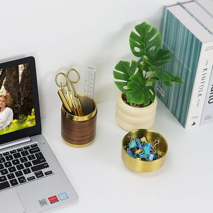 MultiBey 2-Piece Gold Desk Organizer Set, Luxury Gold Paper Clip Holder with Walnut Accent Pen Cup, Convertible Pencil Holder for Office Desk Accessories Gift