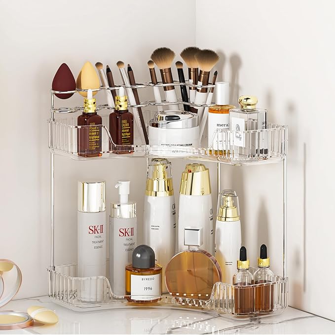 SUNZOS Bathroom Counter Organizer, 2-Tier Corner Bathroom Organizer Countertop with Makeup Brush Holder, Vanity Makeup Cosmetic Storage, Corner Storage for Kitchen, Dresser