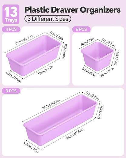 Canfanni 13 Pack Plastic Drawer Organizers Set, 3 Sizes Desk Drawer Organizer Trays for Vanity and Makeup Organizer, Organization and Storage for Makeup, Kitchen Utensils, Bathroom and Office(Purple)